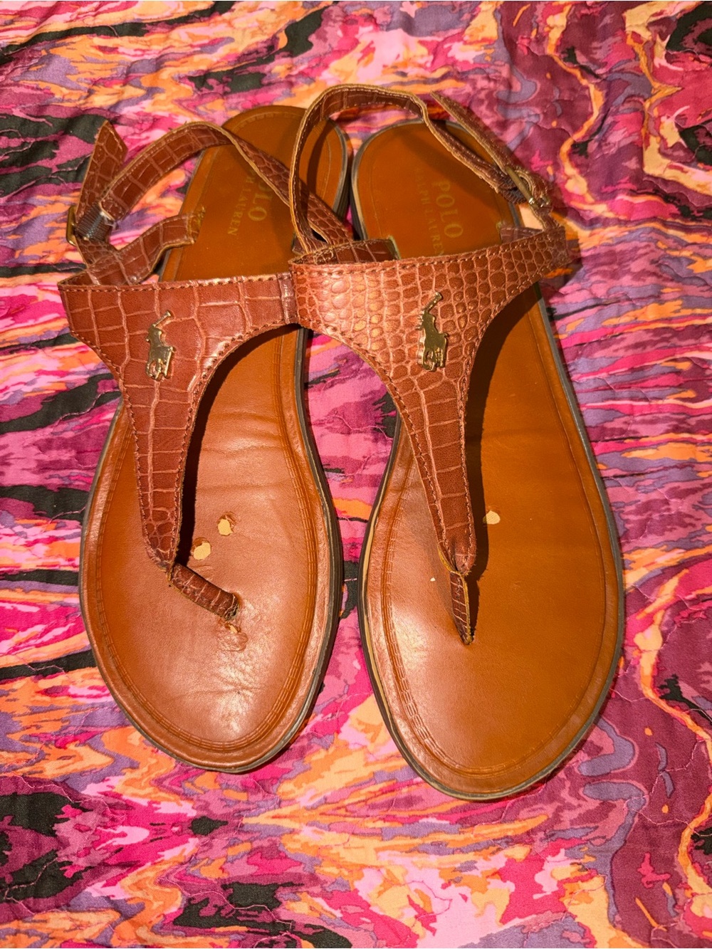 Ralph Lauren Brown Croc-Embossed Leather Thong Sandals